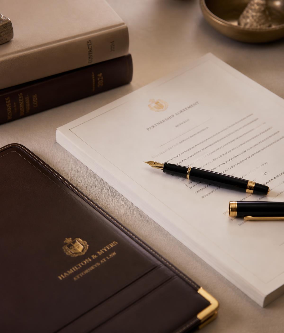 Organized legal documents and a fountain pen on a desk